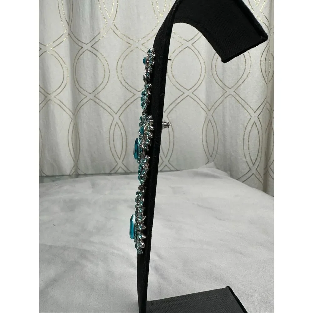 Teal Rhinestone Statement Chandelier Earrings Pageant Prom Glam - Picture 2 of 7